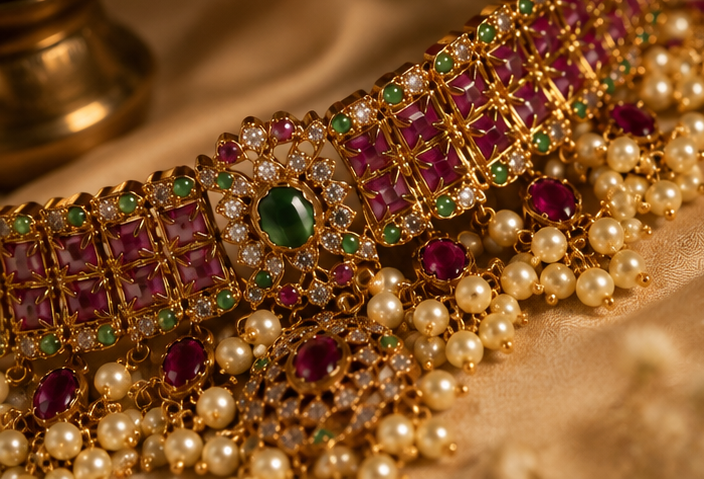 Rangmahal Rani Pink & Emerald Pearl Choker Set