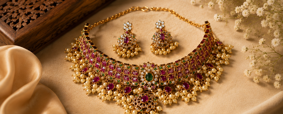 Rangmahal Rani Pink & Emerald Pearl Choker Set
