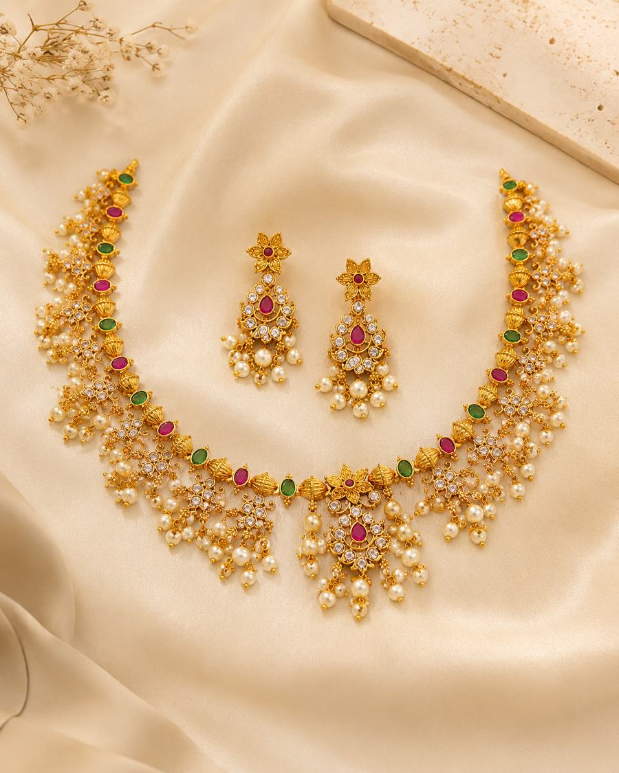 Kusum Pink & Green Pearl Necklace Set