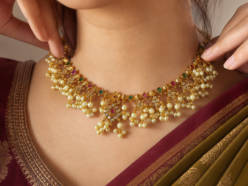 Kusum Pink & Green Pearl Necklace Set