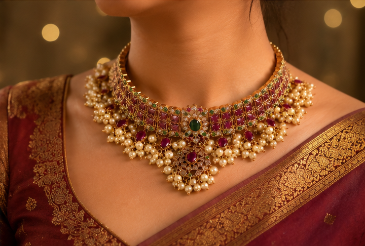 Rangmahal Rani Pink & Emerald Pearl Choker Set