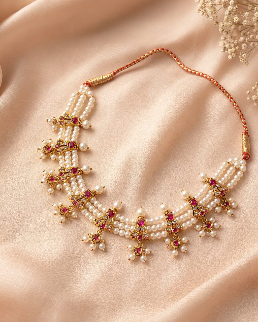 Raani Pink Pearl Maharashtrian Chinchapeti Necklace Set
