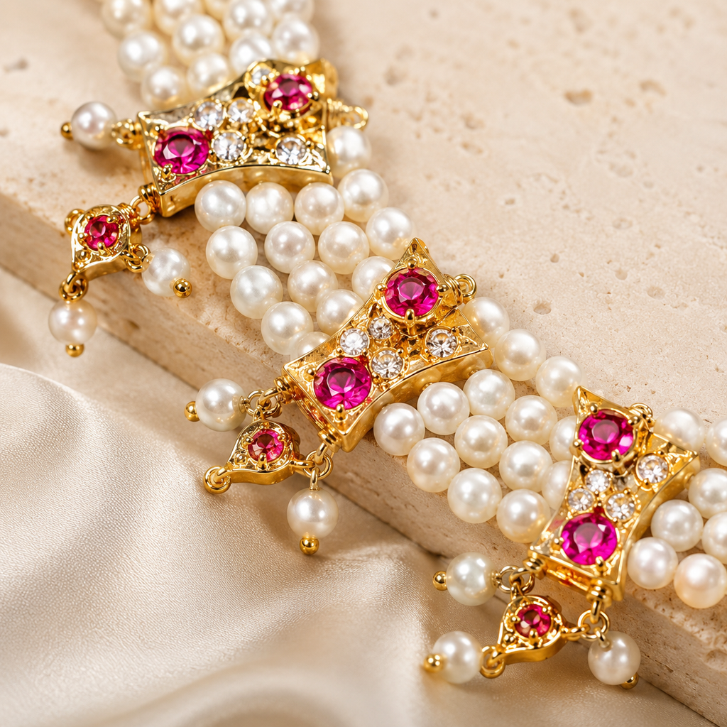 Raani Pink Pearl Maharashtrian Chinchapeti Necklace Set