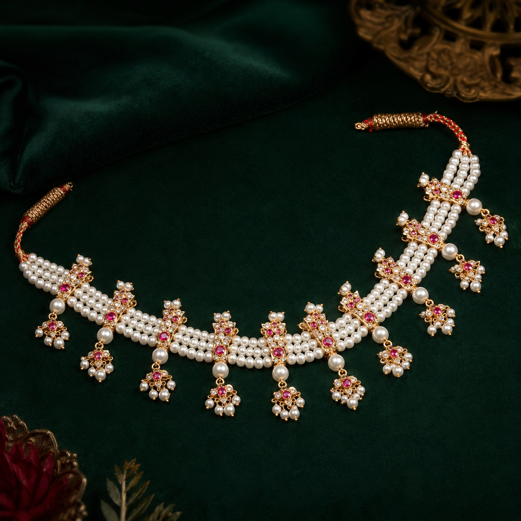 Raani Pink Pearl Maharashtrian Chinchapeti Necklace Set