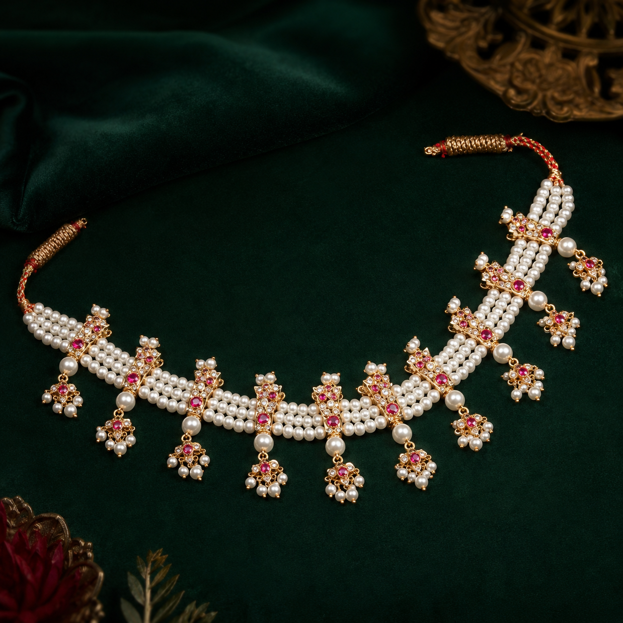 Raani Pink Pearl Maharashtrian Chinchapeti Necklace Set