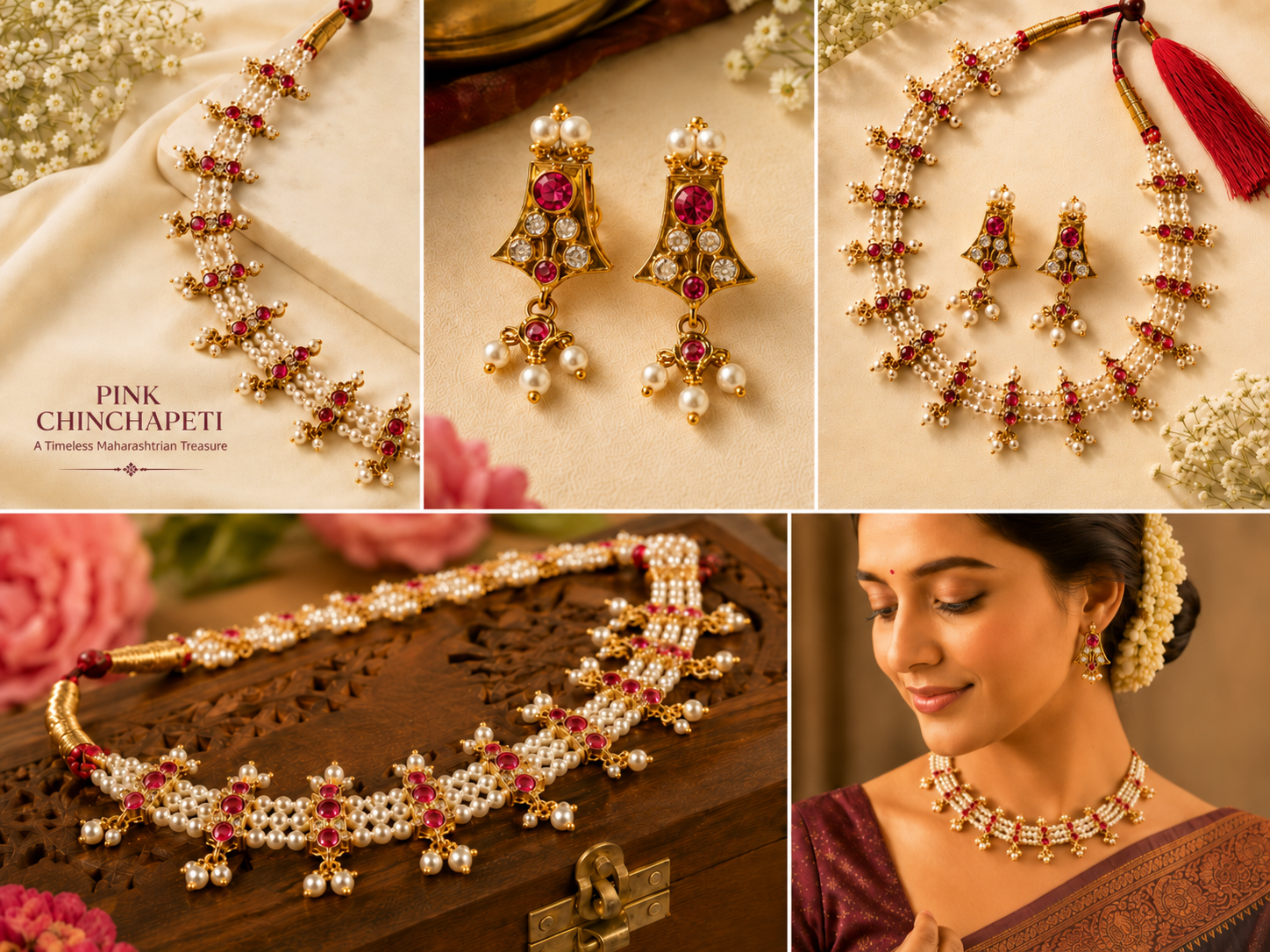 Raani Pink Pearl Maharashtrian Chinchapeti Necklace Set