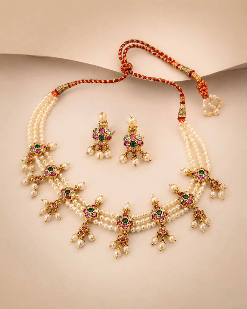 Navrang Pearl Maharashtrian Chinchapeti Necklace and Earrings Set