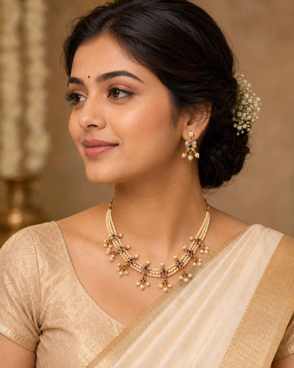 Navrang Pearl Maharashtrian Chinchapeti Necklace and Earrings Set