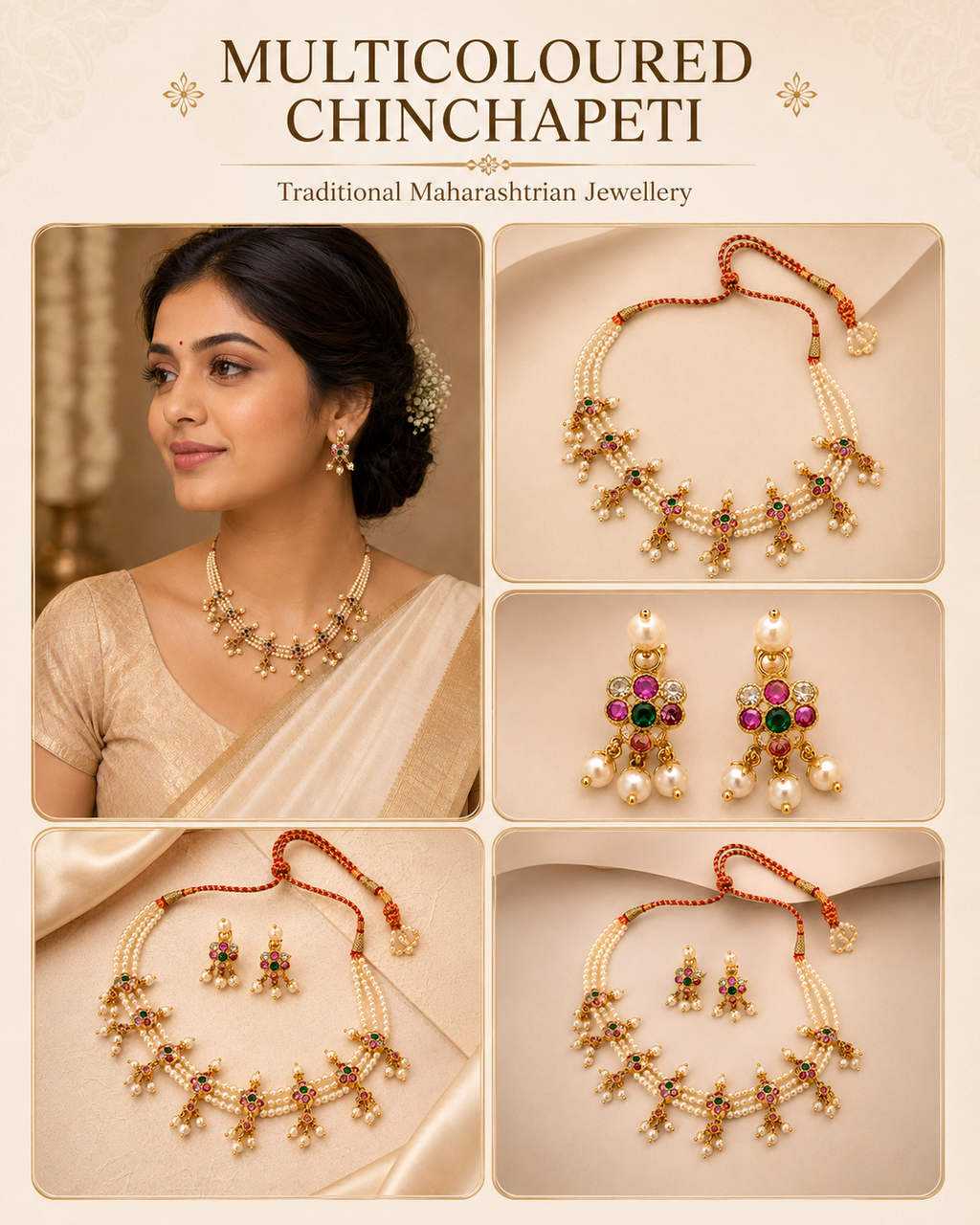 Navrang Pearl Maharashtrian Chinchapeti Necklace and Earrings Set