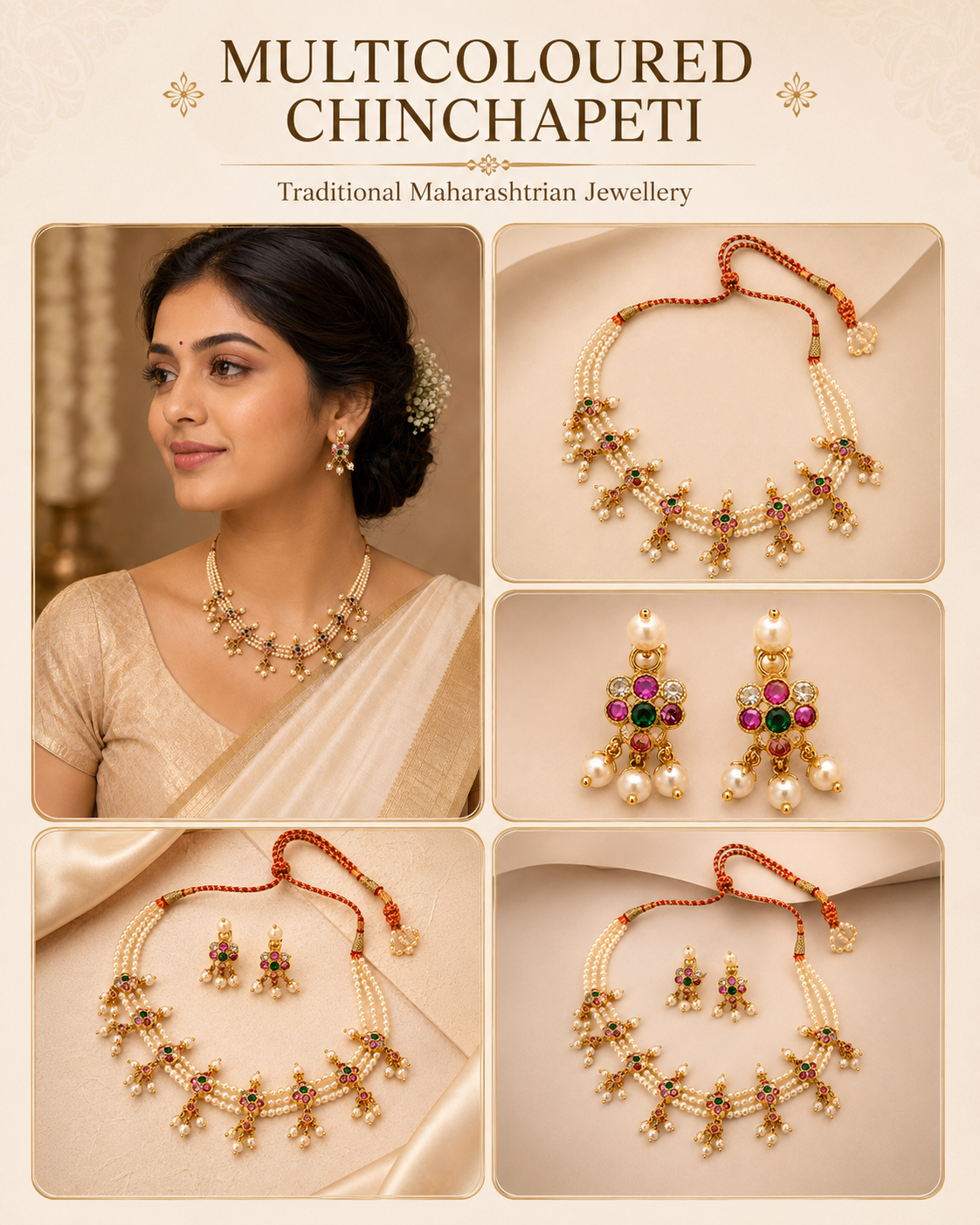 Navrang Pearl Maharashtrian Chinchapeti Necklace and Earrings Set